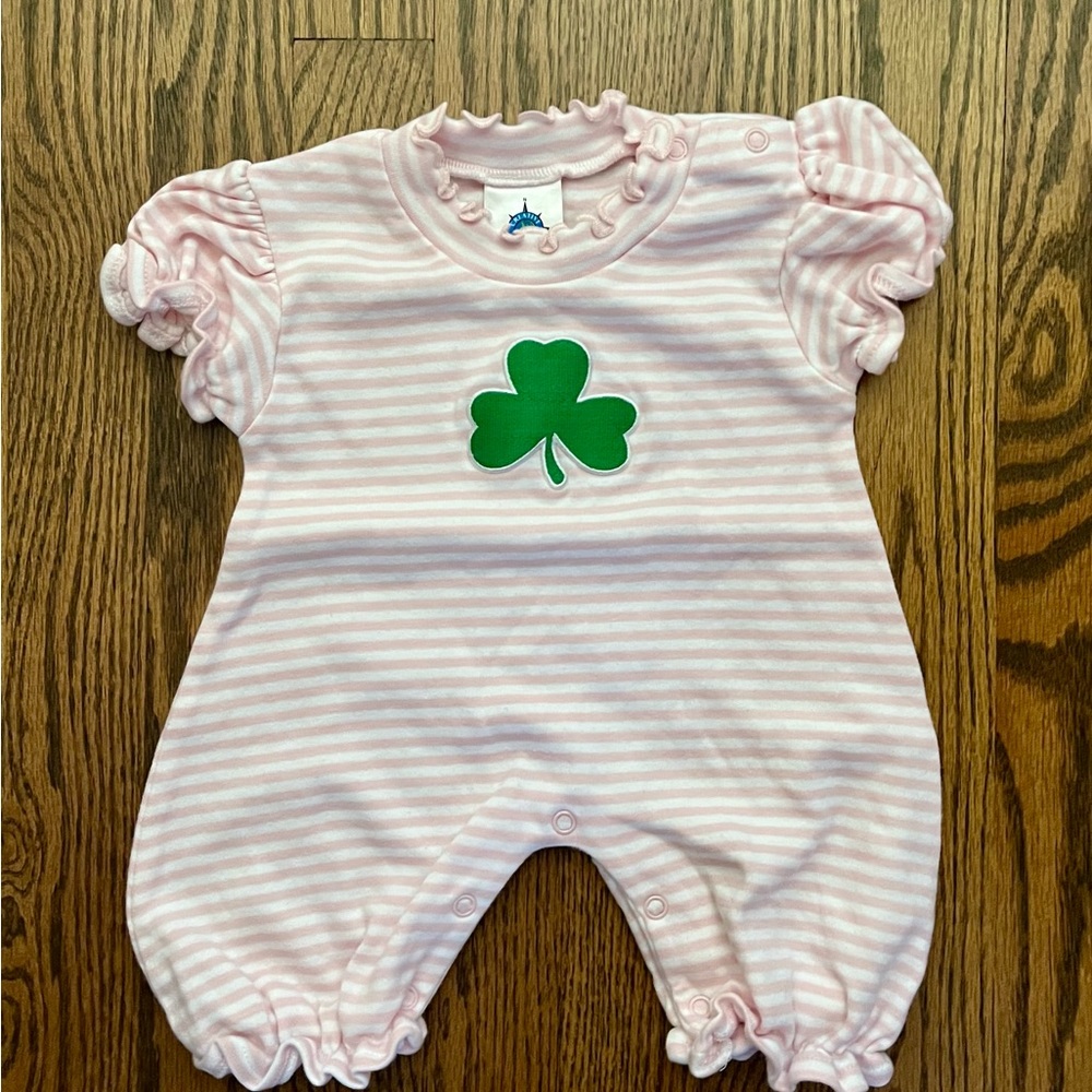 Charming Pink Striped Footie with Irish Green Clover / Shamrock. St. Patrick’s